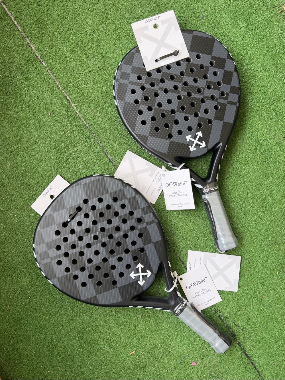 Off-White Black and White Fiberglass Padel Racket with Gray Grip